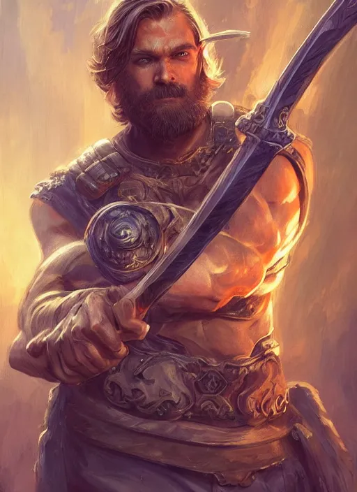 Prompt: PewDiePie as a mean looking hero holding an enormous large dual wielding sword, intricate, elegant, highly detailed, centered, digital painting, artstation, concept art, smooth, sharp focus, illustration, artgerm, donato giancola, Joseph Christian Leyendecker, WLOP, Boris Vallejo, Artgerm