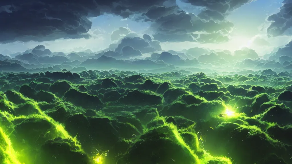 Prompt: green exploding shadow in the sky above a flat maze, waves of energy, by sylvain sarrailh, rossdraws, ambient light, ultra detailed, fantasy artwork, 8 k, volumetric lighting, trending on artstation, award winning, very beautiful.