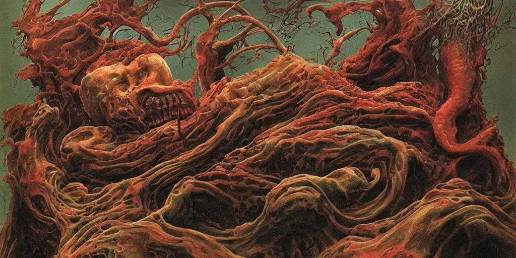 Prompt: visions of hell, fluid, smooth, organic, crazy, bright, colours, tumours, high contrast, sharpness, dramatic, very detailed, intricate, by giger and corben and moebius and beksinski and bosch and bacon