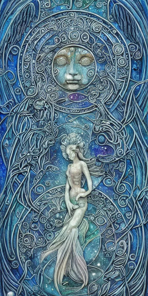 Image similar to intricate colourfully painted carved Soapstone relief paneling, pearl and pale blue toned, celestial, cosmos, galaxies, planets, divinity, moon goddess, mother earth, Earth Goddess mythology, Gaia, angels, dream atmosphere, Ghostly, crystaline celtic, insanly detailed , artstation, wallpaper, hyper realistic, realistic lighting