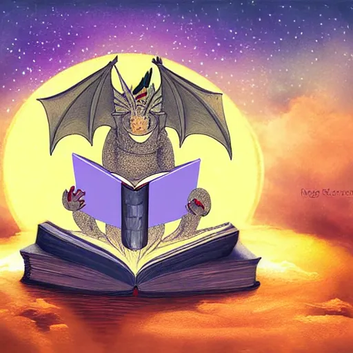 Image similar to dragon reading book under the stars, digital art