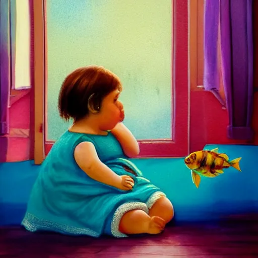 Image similar to a hype realistic oil painting of the most cute little fat girl kissing a huge colorful cute fish. hype realistic scene. studio lighting. window. 3 d, octane render, deep focus, fashion style, white scene. very funny and sweet art. unreal engine. watercolor. fellini style. poster quality. da vinci painting style. highly detailed.