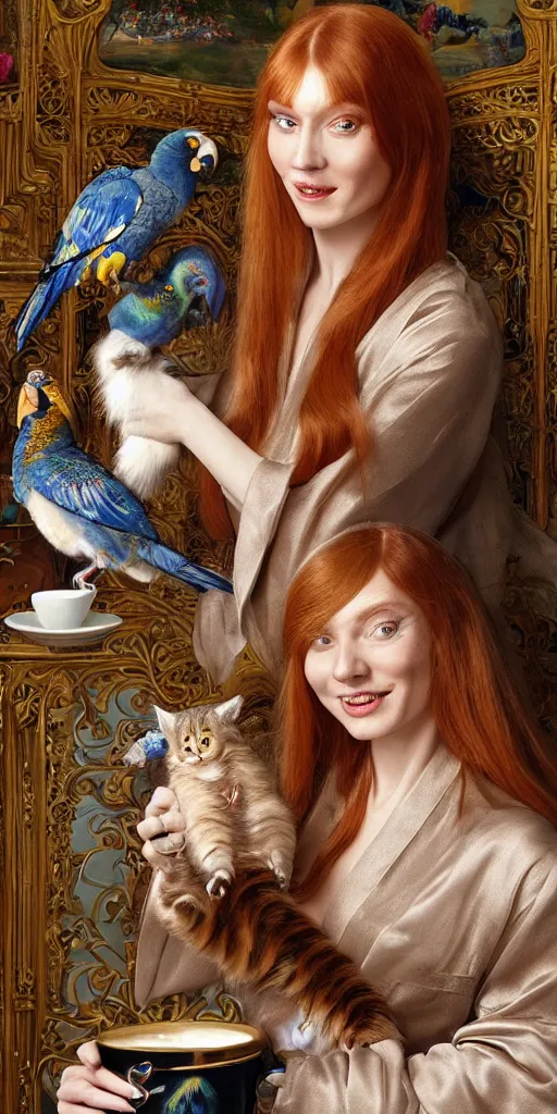 Image similar to a stunning hyper-detailed photorealistic painting of only one slender beautiful smiling woman with long ginger hair and bangs, wearing a luxurious silk robe, wearing headphones and posing with her large ginger tabby cat and her raccoon and parrots in an overstuffed easy chair in her sunlit victorian living room, holding a porcelain parrot-shaped coffee mug and a donut, perfect eyes, fashion photography, cinematic lighting, octane render, IBEX Masters, unreal engine, 85 mm lens,