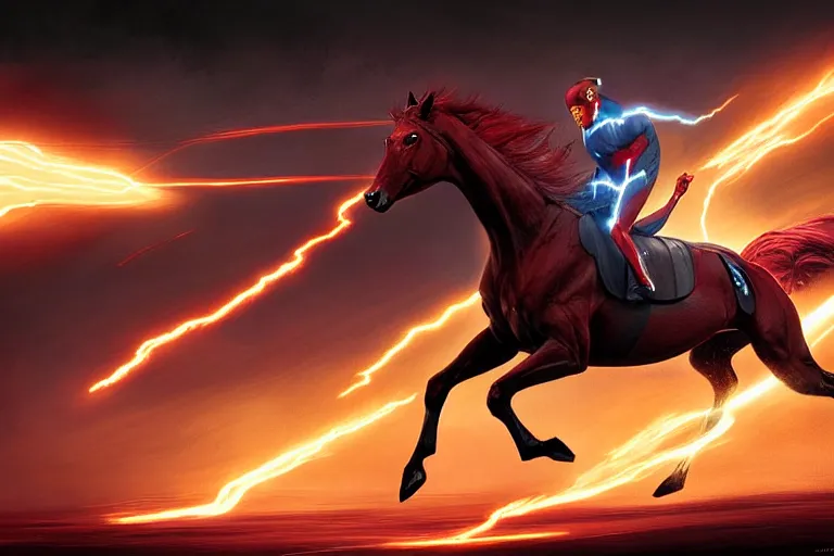 Image similar to a stunning digital painting of a horse as the flash in costume running in the speedforce by greg rutkowski, volumetric light, digital art, fine detail, photorealistic