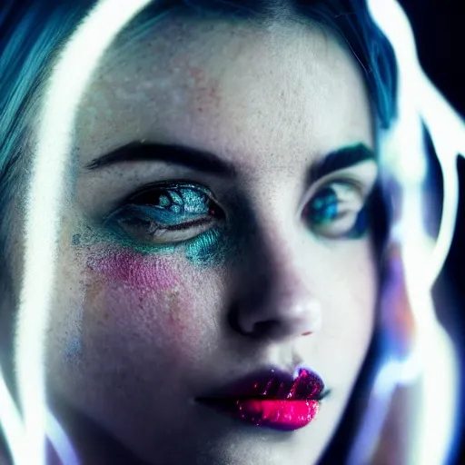 Image similar to beautiful female face portrait, beautiful portrait, photography by amy leibowitz and filip fedorov, urban city photography, close up portrait, cinematic still, film still, magic hour, dark mood, cold colors, sony, kodak, long exposure, art noveau painting, liquid marble fluid painting, neon glow