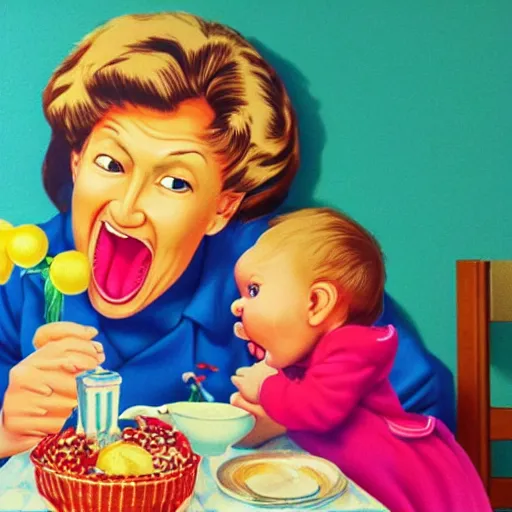 Image similar to hyper realistic hight detailed grandmother with a big mouth eating a baby on the table in the russian kitchen on the wall hangs a rug, style by hiroshi nagai, bright colors