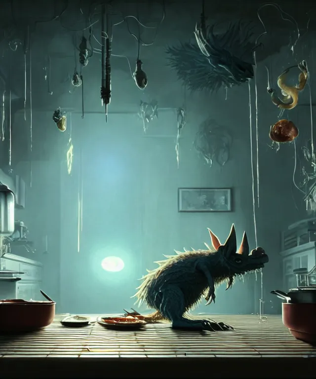 Prompt: realistic detailed image of a giant Gremlins cooking, still from a movie by Terrence Malick, Tarkovsky, Gaspar Noe, James Cameron, intricate artwork by Tooth Wu and wlop and beeple, greg rutkowski, very coherent symmetrical artwork, cinematic, hyper realism, high detail, octane render, unreal engine, 8k, Vibrant colors, Smooth gradients, High contrast, depth of field