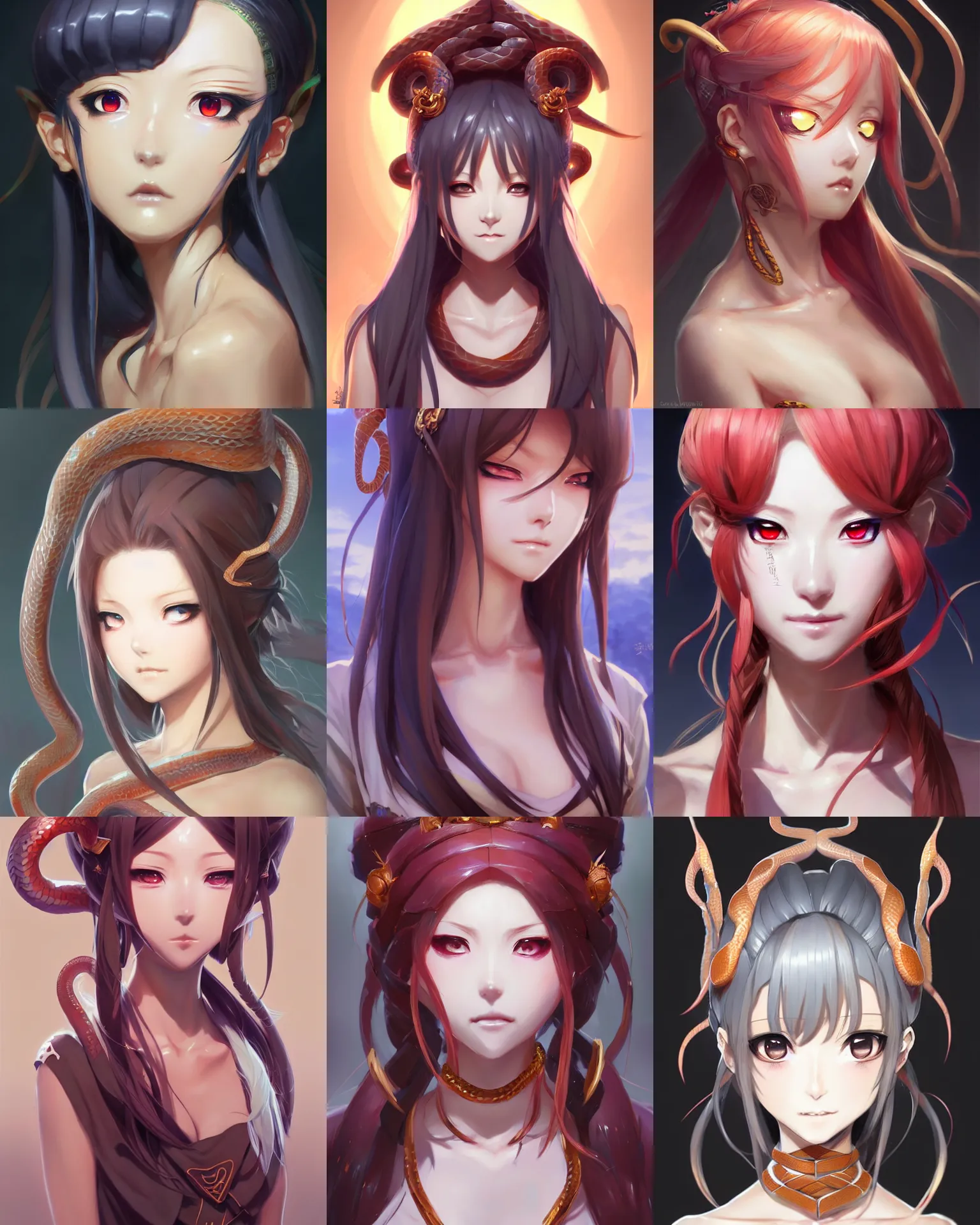 Prompt: Character concept art of an anime snake goddess || hime cut, cute-fine-face, pretty face, realistic shaded Perfect face, fine details by Stanley Artgerm Lau, WLOP, Rossdraws, James Jean, Andrei Riabovitchev, Marc Simonetti, and Sakimichan, tranding on artstation