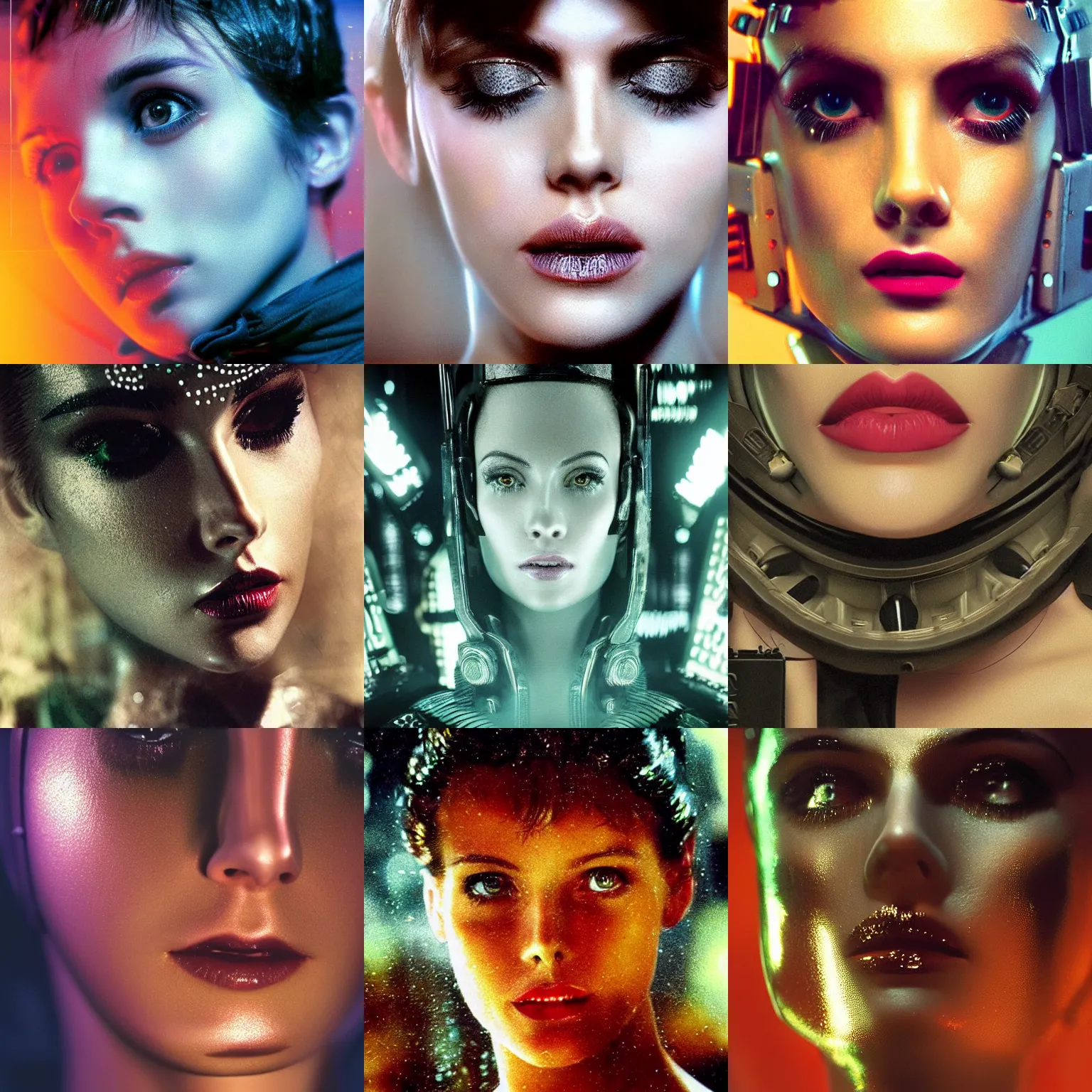 Prompt: beautiful extreme closeup portrait photo in style of 1990s frontiers in retrofuturism deep diving helmet fashion magazine blade runner edition, highly detailed, focus on pursed lips, soft lighting