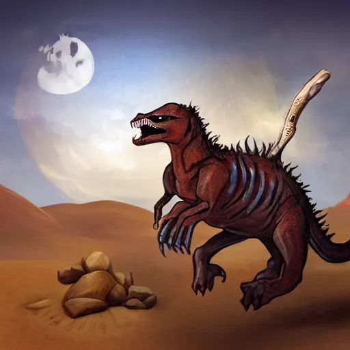 Prompt: jesus riding a trex in the desert. concept art