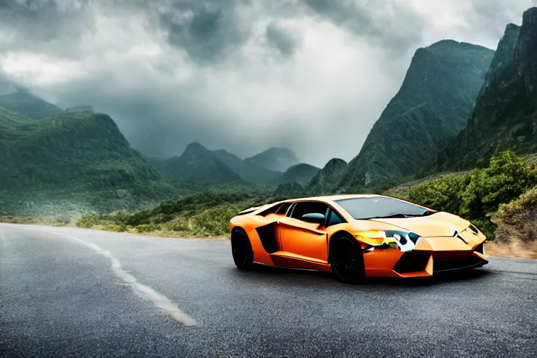 Image similar to a cinematic photograph of a lamborghini aventador driving through a vast mountainous landscape whilst lightening strikes on the mountains, rain falls, ultra realistic, high definition