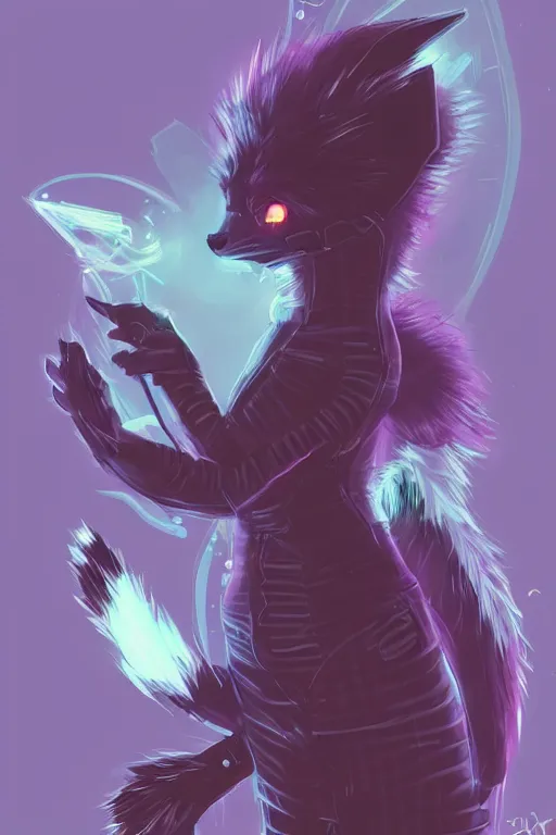 Image similar to a cute cyberpunk anthropomorphic fox with a fluffy tail, comic art, trending on furaffinity, cartoon, kawaii, backlighting, furry art!!!, warm light, concept art, glitch art