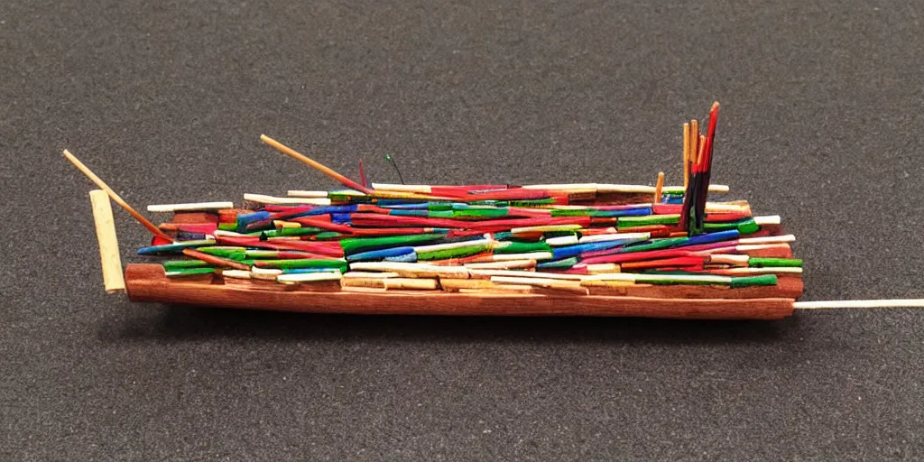 Prompt: a boat made of match sticks, 4k, 35mm