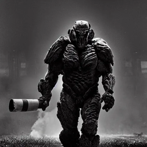 Image similar to black and white photo, rock golem as a soldier smoking a cigarette, still from the movie predator, still from the movie starship troopers, fog, dramatic lighting, cinematic, 4 k, full body shot, spotlight from above, rim lighting, full body photograph, sharp, cyberpunk, bladerunner, extreme detail, light rain, trending on artstation, spot light