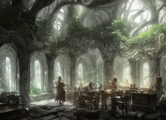 Image similar to Inside a tavern in a beautiful elven city made of white marble, anime, lush trees, a fantasy digital painting by Greg Rutkowski and James Gurney, trending on Artstation, highly detailed