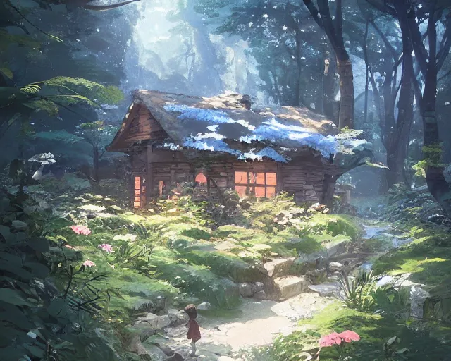 Image similar to old hut in the woods with a flower garden near a waterfall, gapmoe kuudere moody lighting stunning bokeh highlights sharp contrast | trending pixiv fanbox | by greg rutkowski makoto shinkai takashi takeuchi studio ghibli