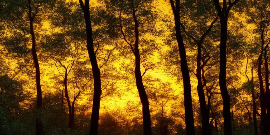 Image similar to An aesthetically pleasing, dynamic, energetic, lively, well-designed digital art of trees inside a forest during sunset, light and shadow, by Claude Monet, superior quality, masterpiece, excellent use of negative space. 8K, superior detail.