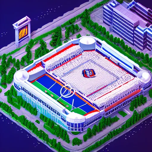 Prompt: Huge hockey arena game illustration, aerial view, isometric Voxel, pixel art, Blizzard, EASports, intricate, elegant, highly detailed, digital painting, artstation, concept art, smooth, sharp focus, art by Roman Klco and Shadow Run, brightly lit cinematic soft lighting, photorealistic