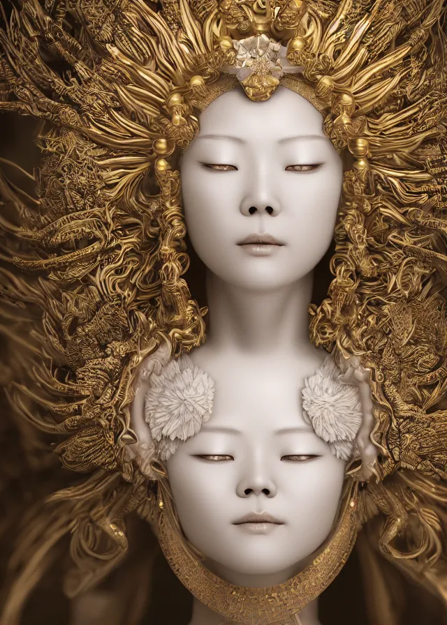 Image similar to hyper realistic portrait photo of ameterasu the sun goddess of japan, portrait shot, porcelain white face, intricate detail, octane render