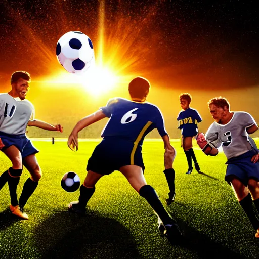 Prompt: 3 Football players play soccer with sun on the space soccer field, heroic, cinematic lighting