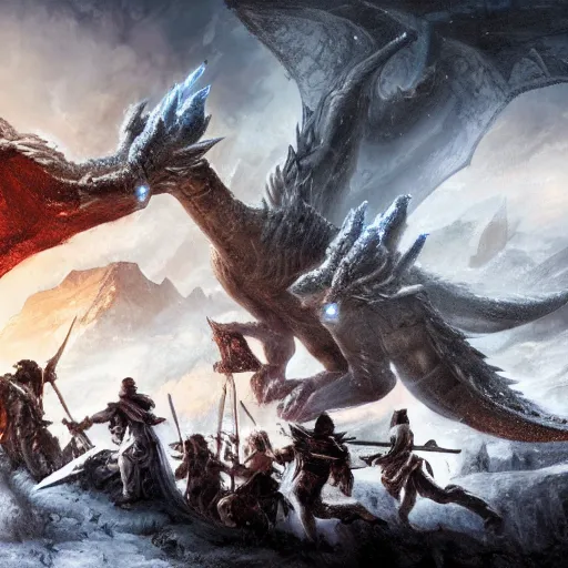 Prompt: a group of heroes fighting a massive white terrible dragon in a dark snowy landscape with ancient ruins. fantasy art, masterpiece, 4k resolution, high detail, cinematic