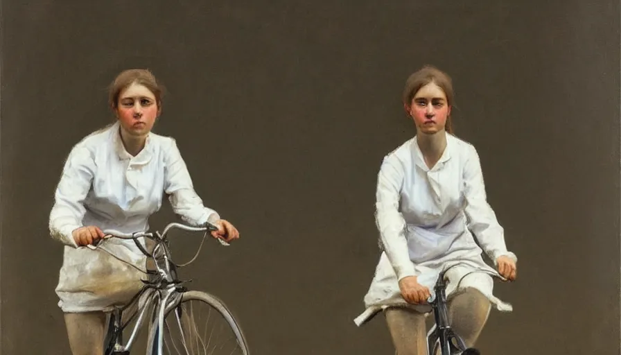 Prompt: painting by borremans, young woman riding a bike, detailed, stunning