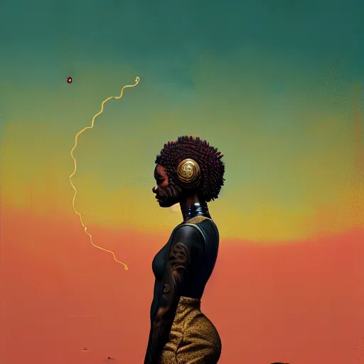 Image similar to portrait of a black woman :: side profile :: blood :: background sea :: intricate details in gold :: oxygen implant :: 8k :: simon stalenhag and Sandra Chevrier