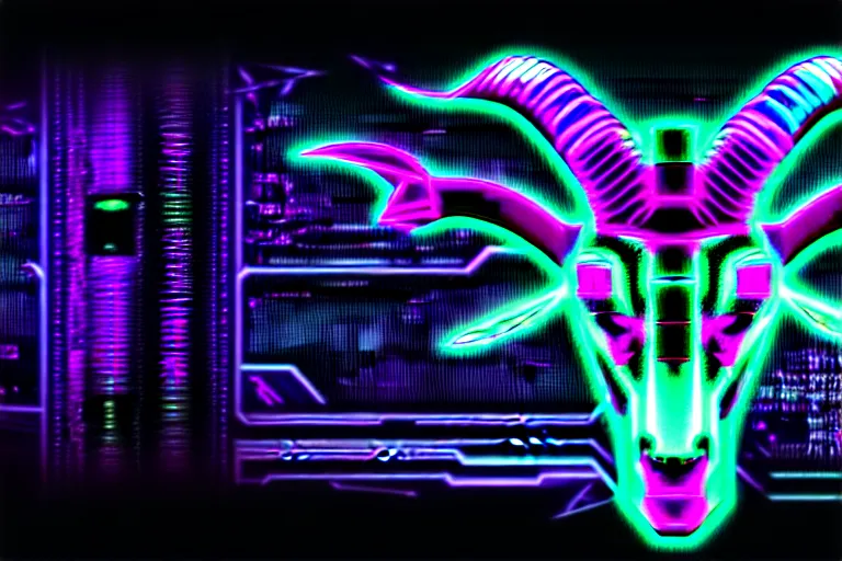 Image similar to complex cyberpunk machine background merged with evil cybernetic goat head in center focus, multicolored digital art