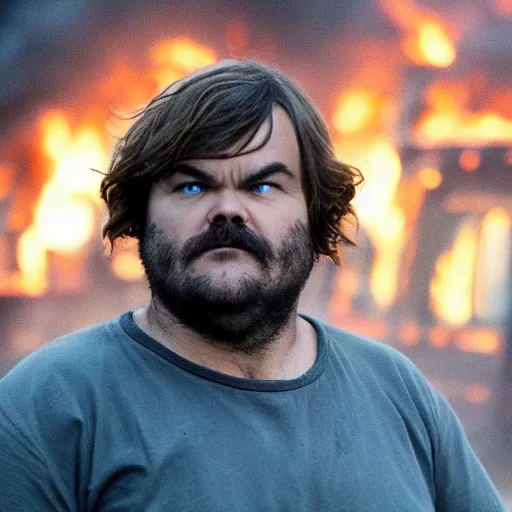 Image similar to jack black looking peaceful while escaping a raging building fire, movie still, 8 k