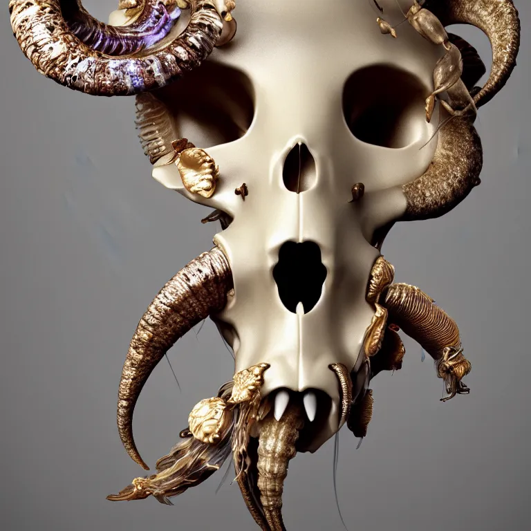 Image similar to goddess princess face close-up portrait ram skull. sculpture made of polished gold and matte obsidian. jellyfish phoenix head, nautilus, orchid, skull, betta fish, bioluminiscent creatures, intricate artwork by Tooth Wu and wlop and beeple. octane render, trending on artstation, greg rutkowski very coherent symmetrical artwork. cinematic, hyper realism, high detail, octane render, 8k