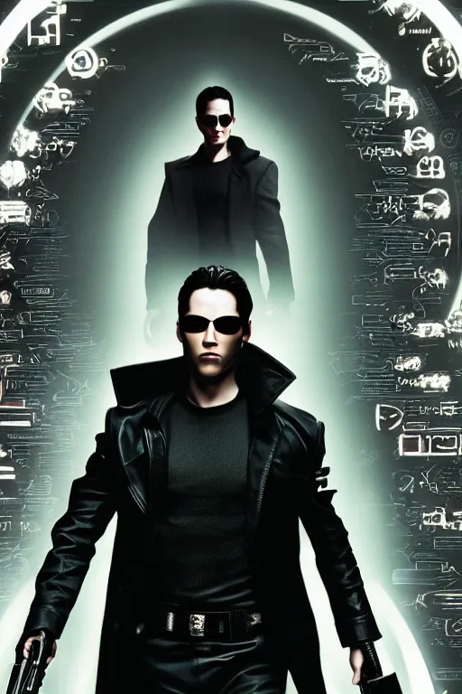 Prompt: a portrait of trinity in the movie the matrix wearing sun glasses and black leather trench coat, holding a gun, matrix symbols in the background, high pillars, extremely detailed, extremely symmetrical facial features, sharp focus, unreal engine, 8 k