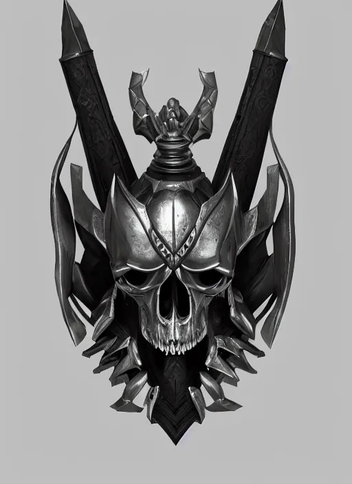 Image similar to a black and silver sword skull crest, orthographic, ornament, weapon, a 2 d render by dom qwek, front side, concept art, trending on polycount, artstation, hard surface modeling, rendered in maya, zbrush, hd, vray, blizzard, symmetry