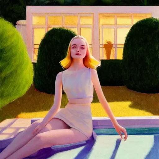 Image similar to Elle Fanning, next to a pool, golden hour, in a garden, artstation, in the style of Art Deco and Edward Hopper