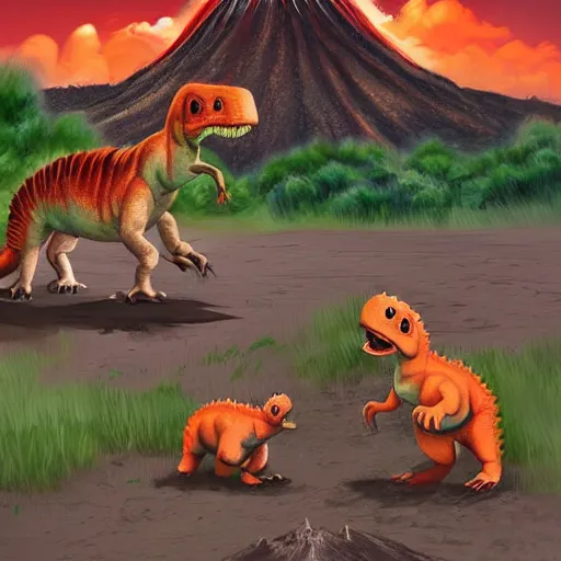 Prompt: cute dinosaurs walking around a field with a volcano in the background, concept art, illustrated, highly detailed, high quality, bright colors, optimistic,