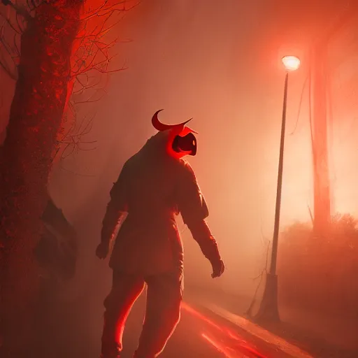 Image similar to villain wearing a red oni mask, orange jacket, dark background, unreal engine 5, ultra realistic, detailed, fog, volumetric lighting, by greg rutkowski,