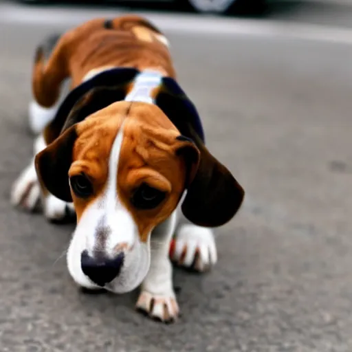 Prompt: a giant beagle wrecking havoc on a city