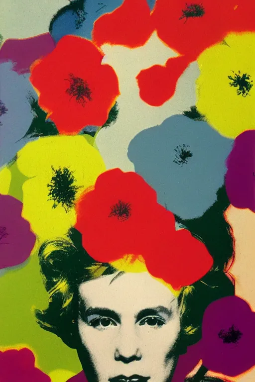 Image similar to andy warhol colorful portrait, bloom flowers, modern, eclectic, illustration, by ramon casas