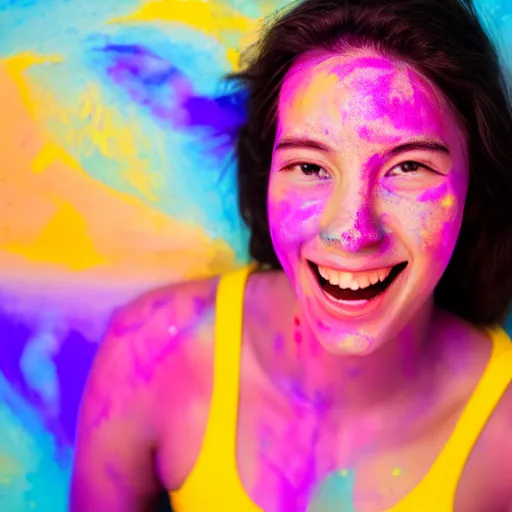 Image similar to a fullbody photo of a female smiling, painted her body with ultraviolet paint, 5 0 mm lens, f 1. 4, sharp focus, ethereal, emotionally evoking, head in focus, volumetric lighting, 8 k