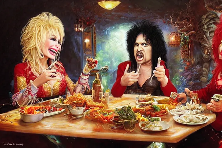 Image similar to dolly parton having a spaghetti dinner with gene simmons in kiss makeup, an oil painting by ross tran and thomas kincade