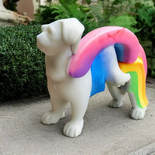 Image similar to a marble dog and cat rain statue rainbow