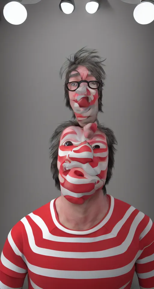 Image similar to a hyperrealistic portrait photo of waldo from where's waldo, portrait, photograph, volumetric lighting, heavy mood, grump expression, hyper realistic, 8 k render, unreal engine 5 render