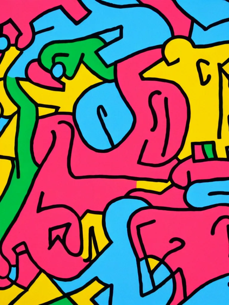 Image similar to minimal acorn that turns into a tree in the shape of a treble clef, a big rip down the middle, splashes of color, inspirational and powerful, keith haring