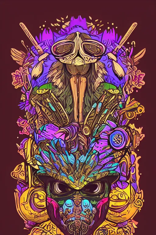 Image similar to animal mask totem roots flower tribal feather gemstone plant wood rock shaman vodoo video game vector cutout illustration vivid multicolor borderlands comics by josan gonzales and dan mumford radiating a glowing aura