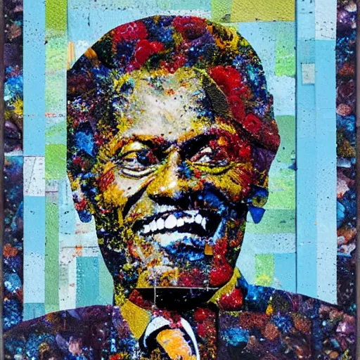 Image similar to a portrait of of chuck berry constructed from berries, collage, drop shadow, organic, layered composition, layers, texture, mcu, highly textured, layered, sculpted, dynamic,