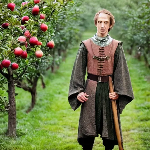 Image similar to portrait of a slender elven man, standing in an apple orchard, dressed in medieval clothes, very handsome, fantasy, dungeons and dragons