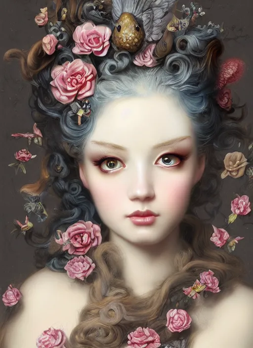 Image similar to pop surrealism, rococo, baroque hair, young female bird seductive - fine - face, pretty face, key visual, realistic shaded perfect face, fine details by stanley artgerm lau, wlop, mark ryden, trevor brown, andrei riabovitchev, marc simonetti, and sakimichan, trending on artstation