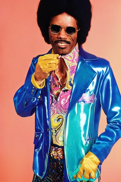 Image similar to funkiest grooviest man in the world, 70s disco jacket, photograph portrait