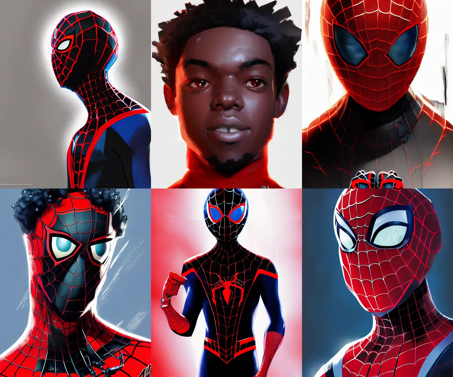 Prompt: portrait of miles morales, spider - verse art style, artstation, trending, highly detailed, smooth, focus, by alberto mielgo, craig mullins, robh ruppel, yun ling, vaughan ling, neil ross, peter chan, jesus alonso iglesias, raffaello vecchione