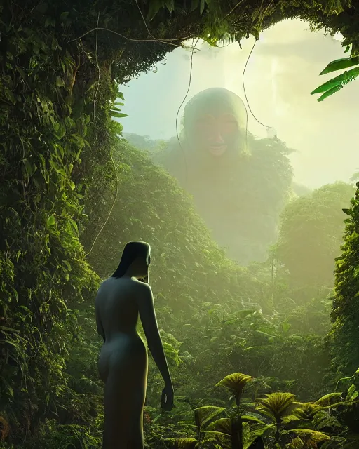 Prompt: giant anonymous statue, beautiful jungle landscape, beautiful vines growing, in the style of beeple and mike winkelmann, intricate, epic lighting, cinematic composition, hyper realistic, 8 k resolution, unreal engine 5, raytracing, reflections, happy colors