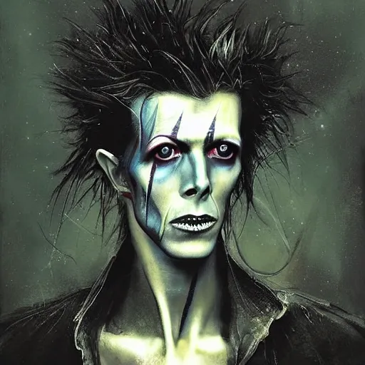 Prompt: stunning portrait of gaunt david bowie a ( the cure fan ) as dream from sandman, dim stars as eyes, by jeremy mann, by cedric peyravernay, by by russ mills, by richard avedon and ben templesmith, dramatic lightning, sadness, dark eye sockets, in the shadows, punk rock, gothic, high detailed, 8 k